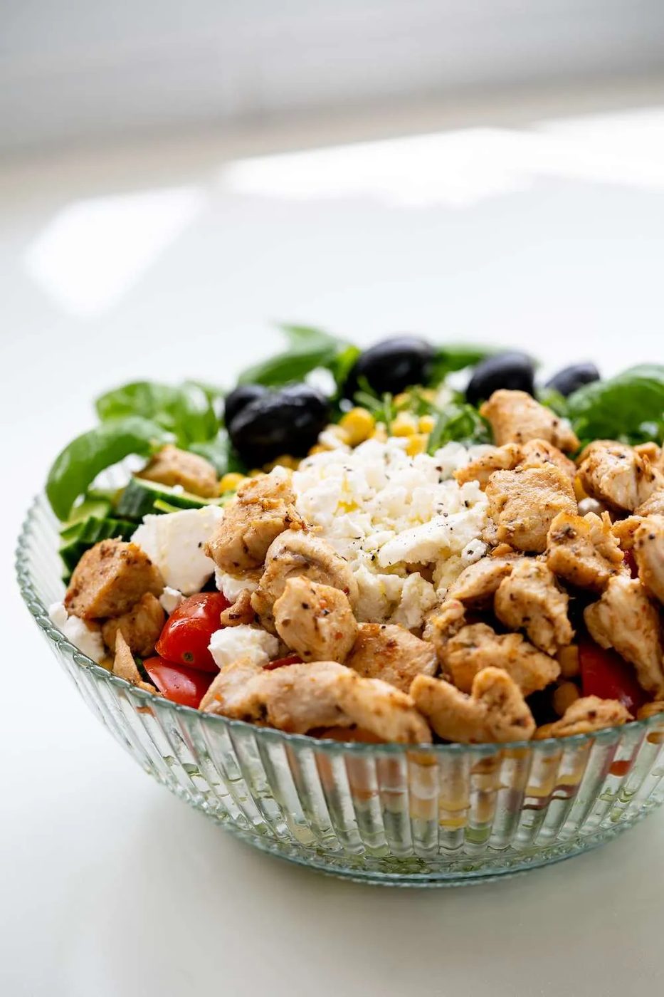 Avocado corn feta chicken salad