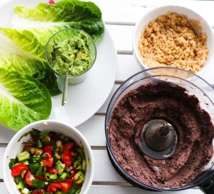 Lettuce wraps with quinoa and bean dip, vegan