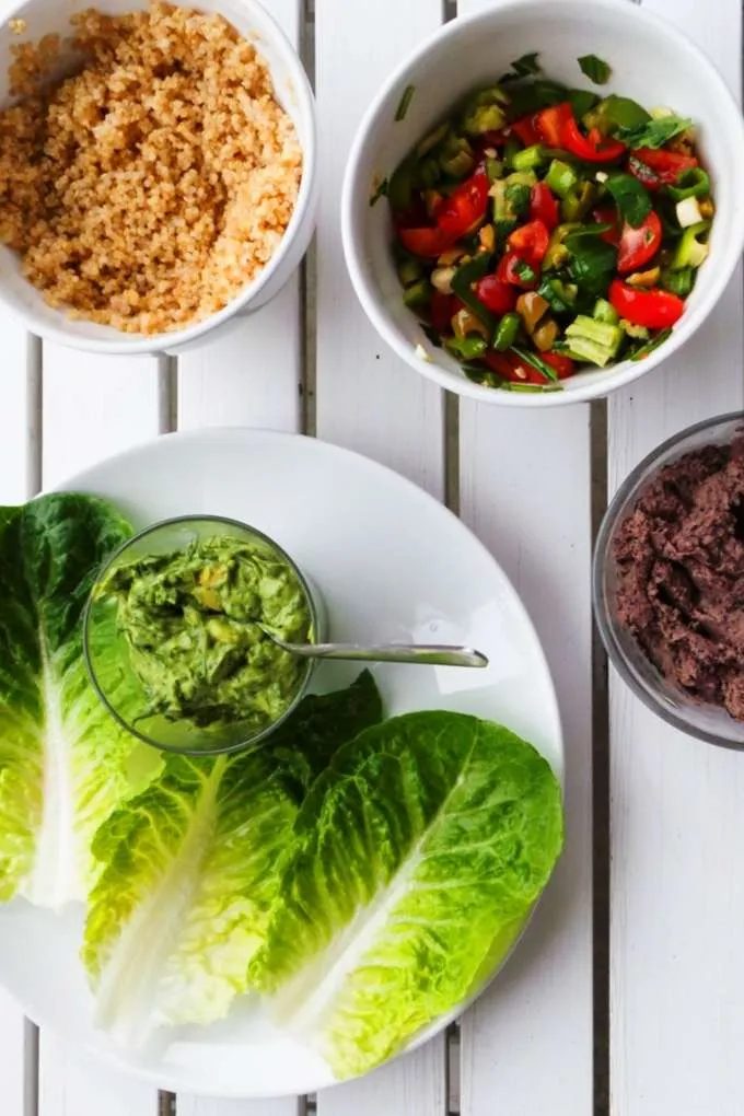 Lettuce wraps with quinoa and bean dip, vegan