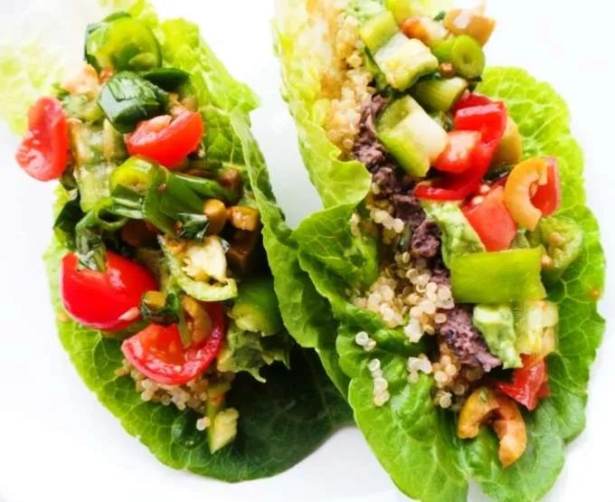 Lettuce wraps with quinoa and bean dip, vegan