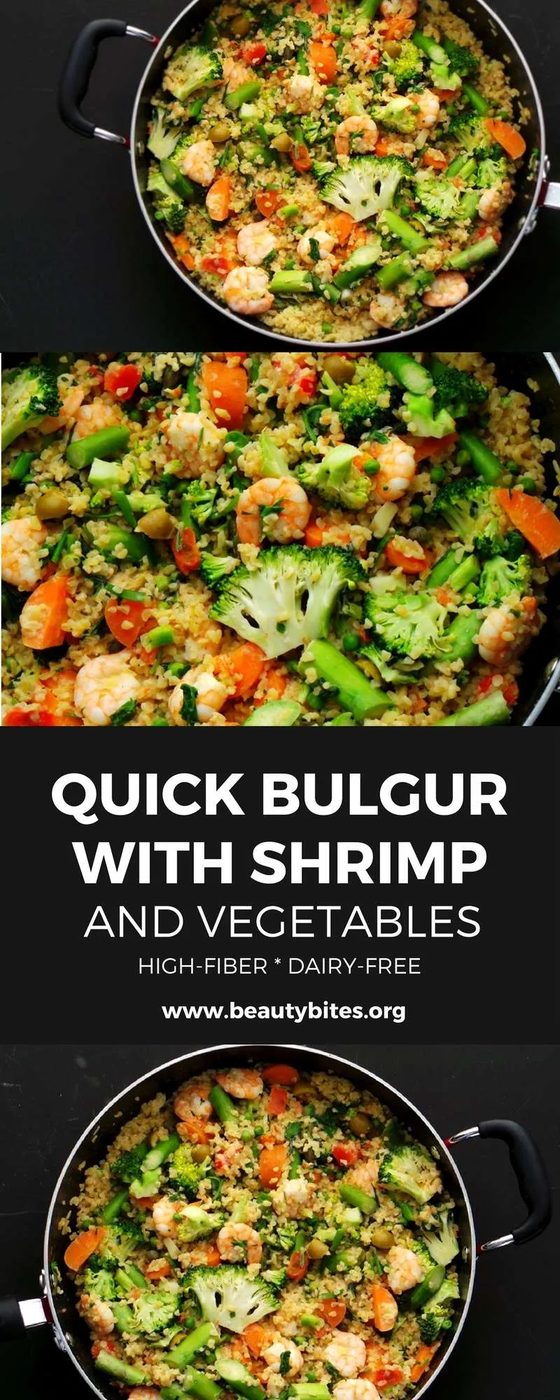 Bulgur with shrimp, asparagus and spring vegetables