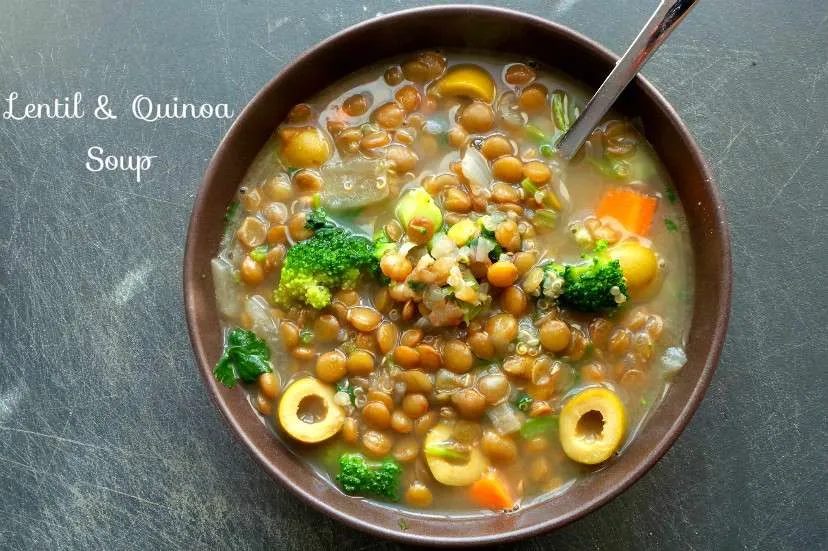 Quinoa and lentil soup recipe with broccoli and vegetables. A warming vegan soup that is great for lunch or dinner!
