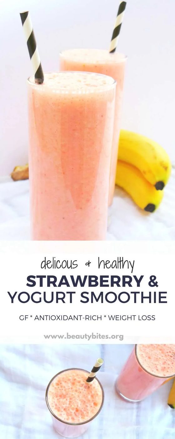 This healthy smoothie with strawberries and yogurt was satisfying! It's gluten-free, refreshing and tastes like dessert! #healthy #smoothie