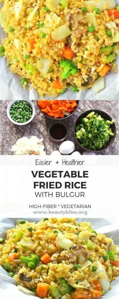 Satisfying fast healthy vegetable fried rice recipe - except instead of rice you use bulgur. Cooks faster, is more nutritious and you don't…