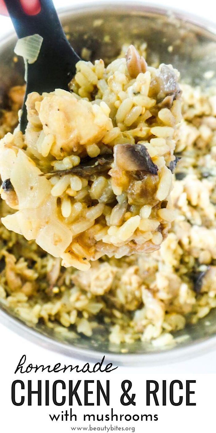 Home-cooked chicken and rice with mushrooms