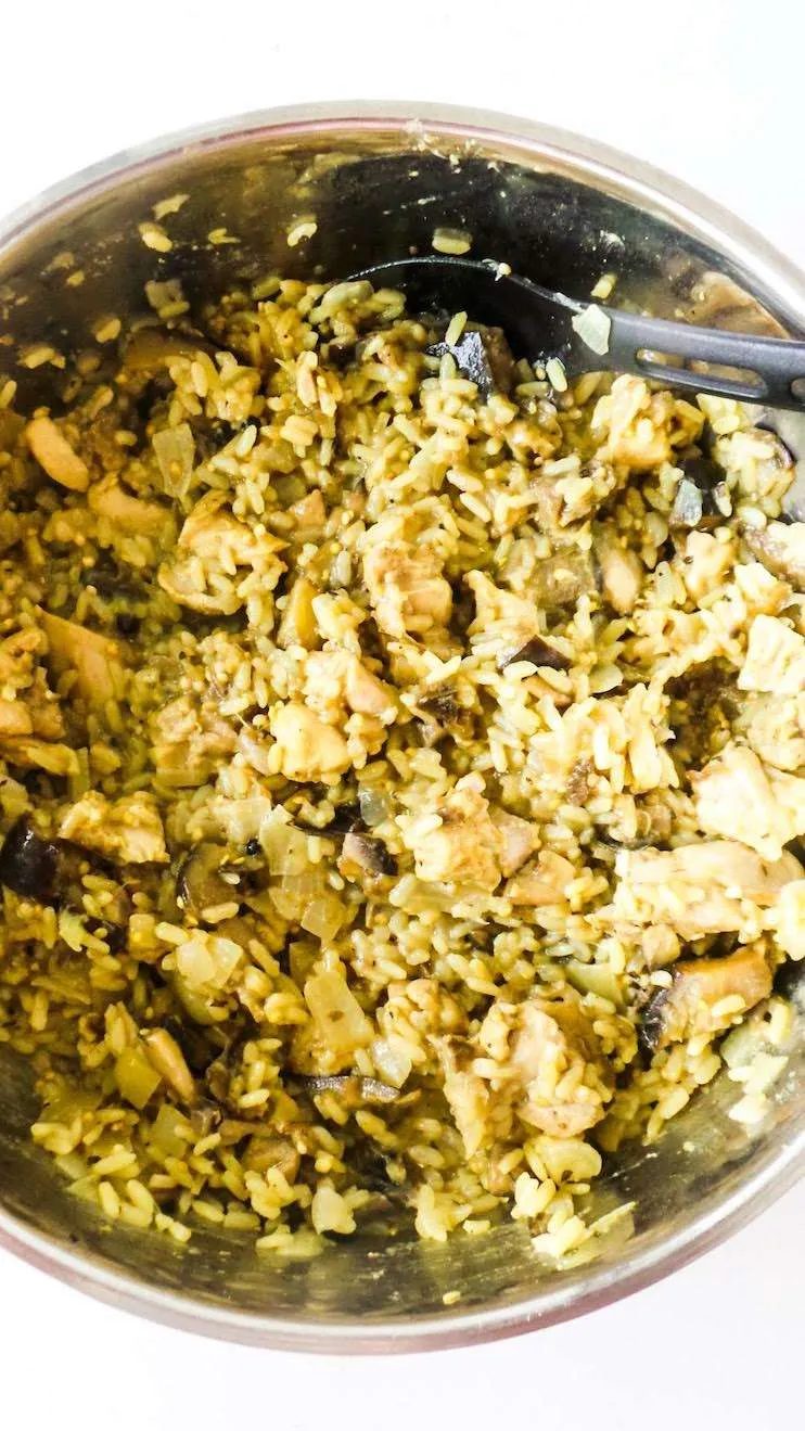 Home-cooked chicken and rice with mushrooms