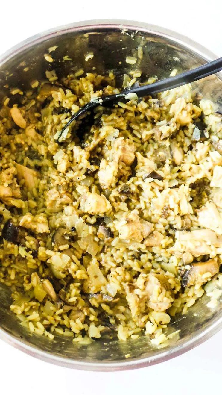 Home-cooked chicken and rice with mushrooms