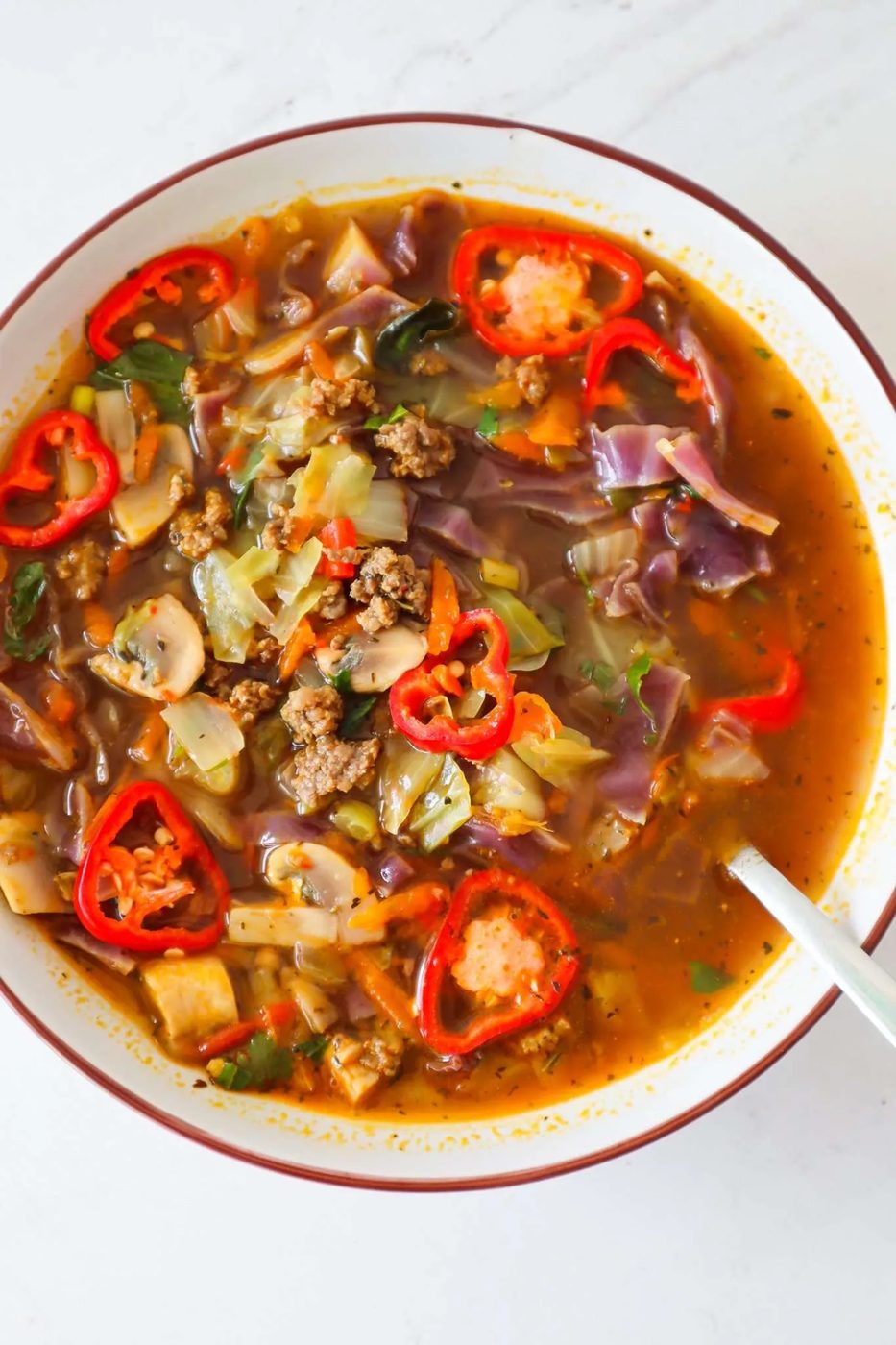 30-minute ground beef and cabbage soup