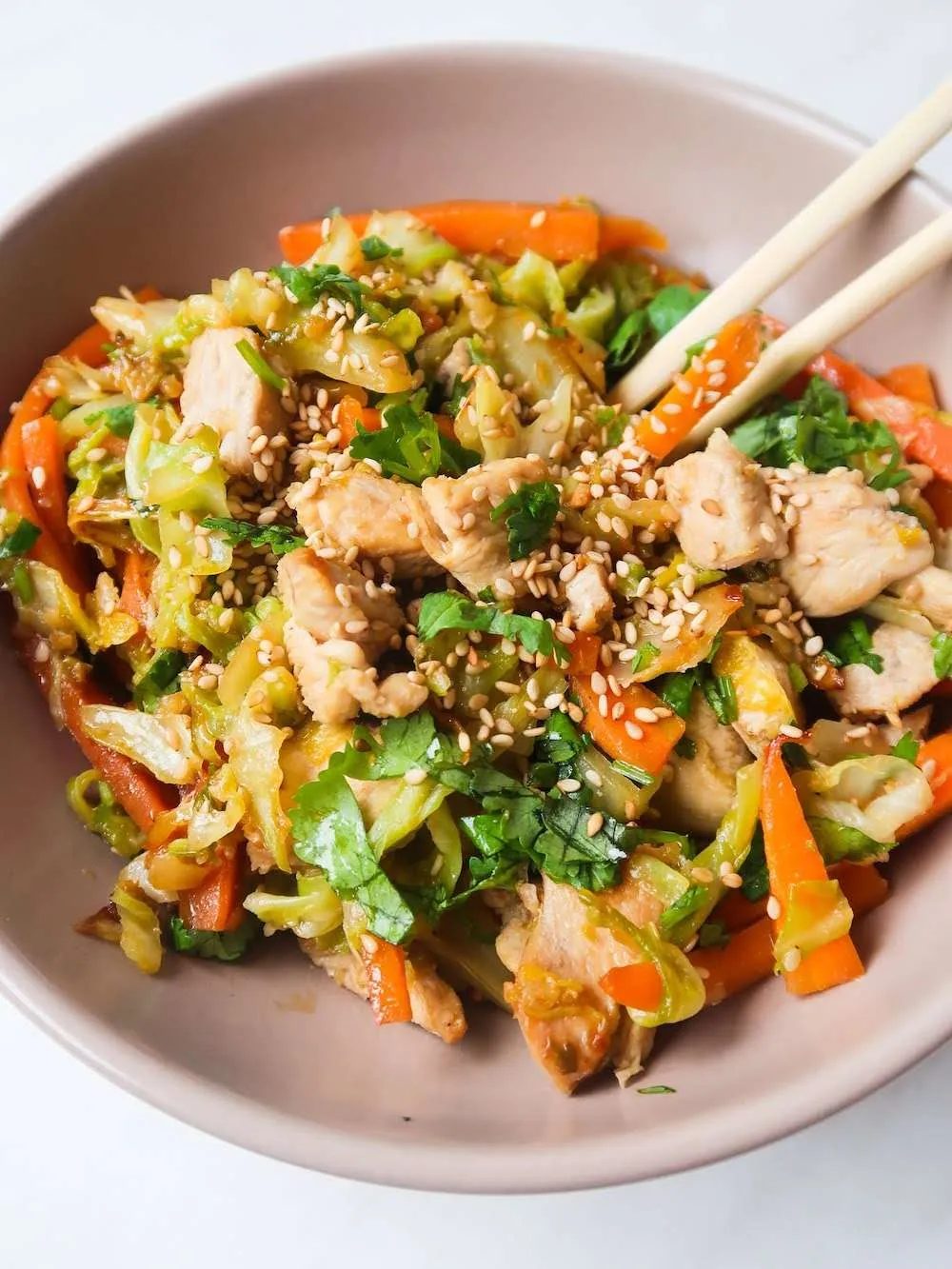 Egg roll in a bowl with chicken, healthy