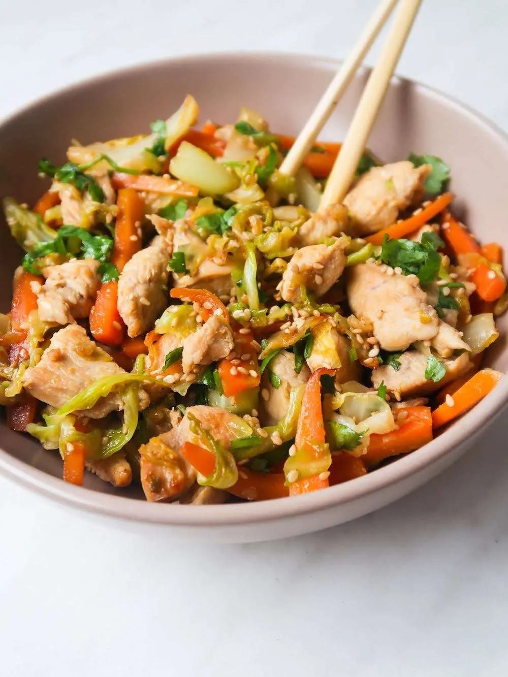 Egg roll in a bowl with chicken, healthy