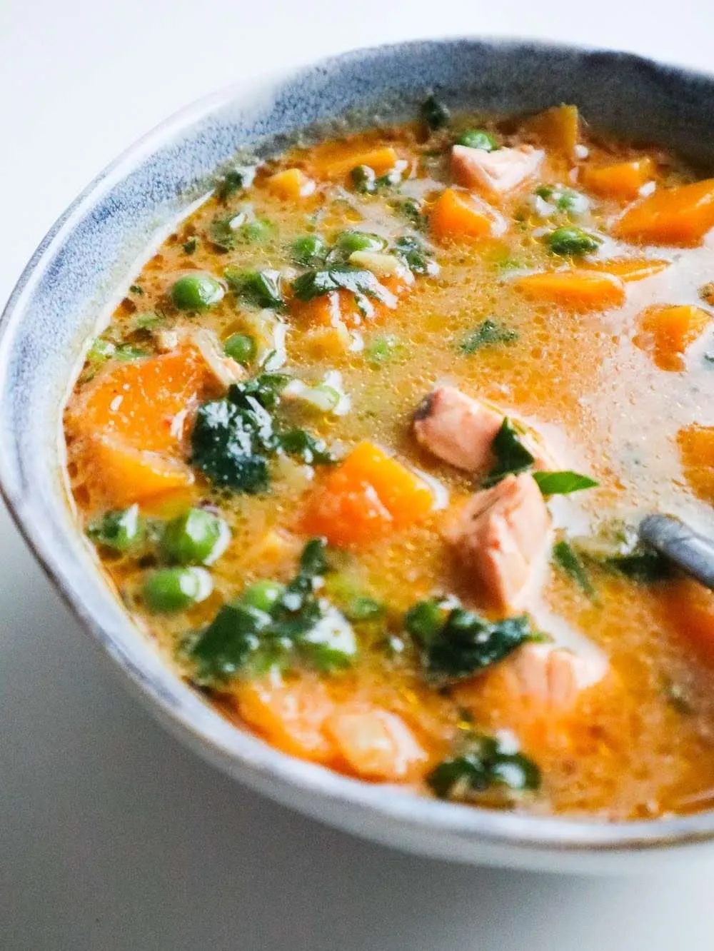 Salmon coconut soup with butternut squash, healthy