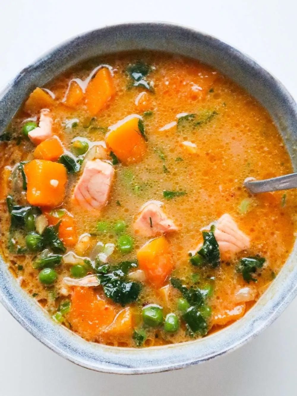 Salmon coconut soup with butternut squash, healthy
