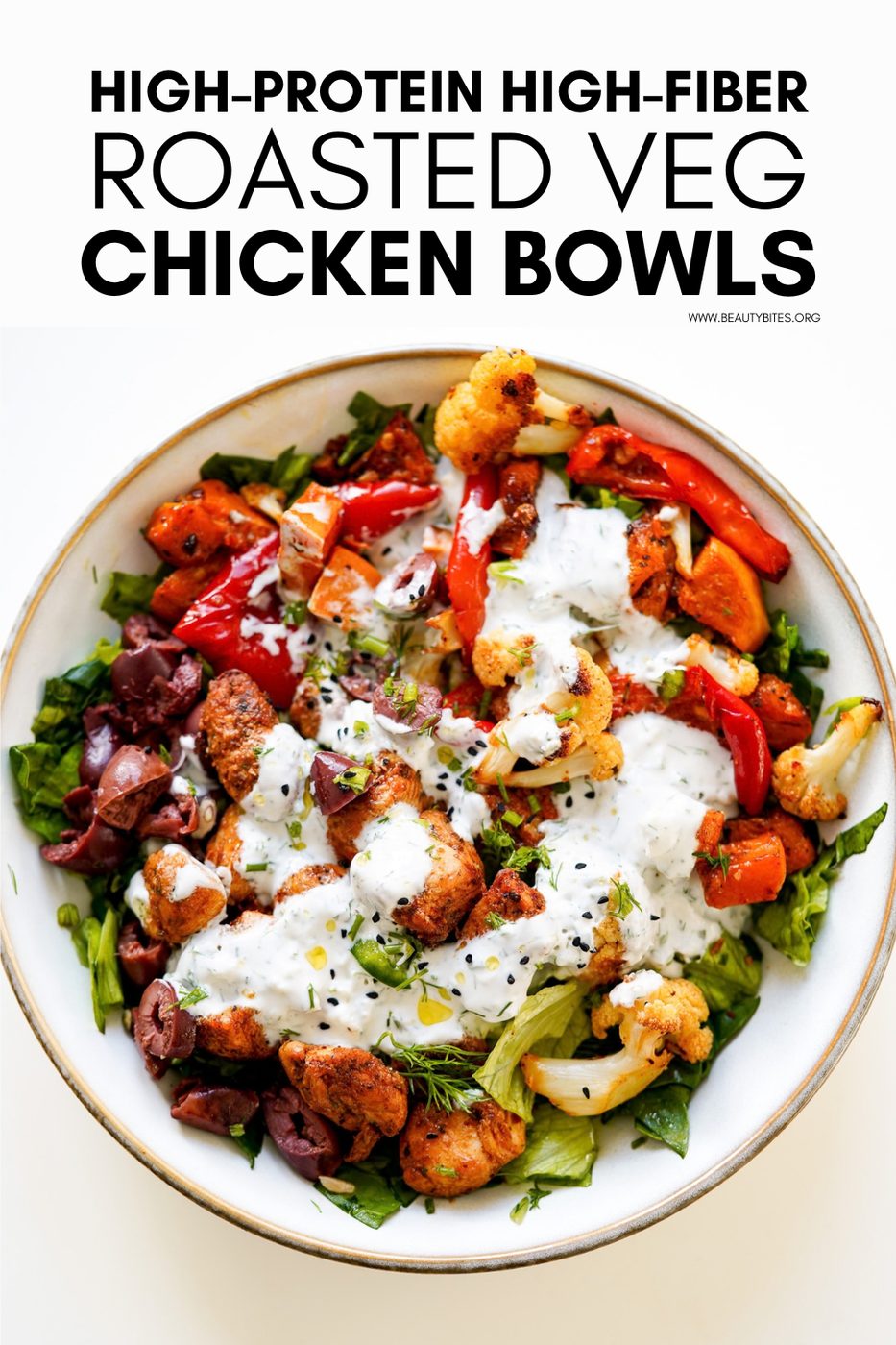 High-fiber high-protein roasted vegetable chicken bowls