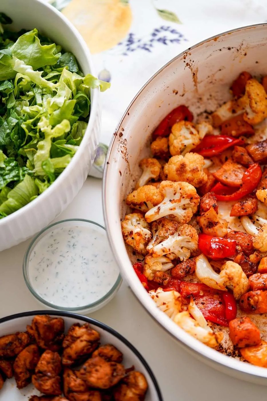 High-fiber high-protein roasted vegetable chicken bowls