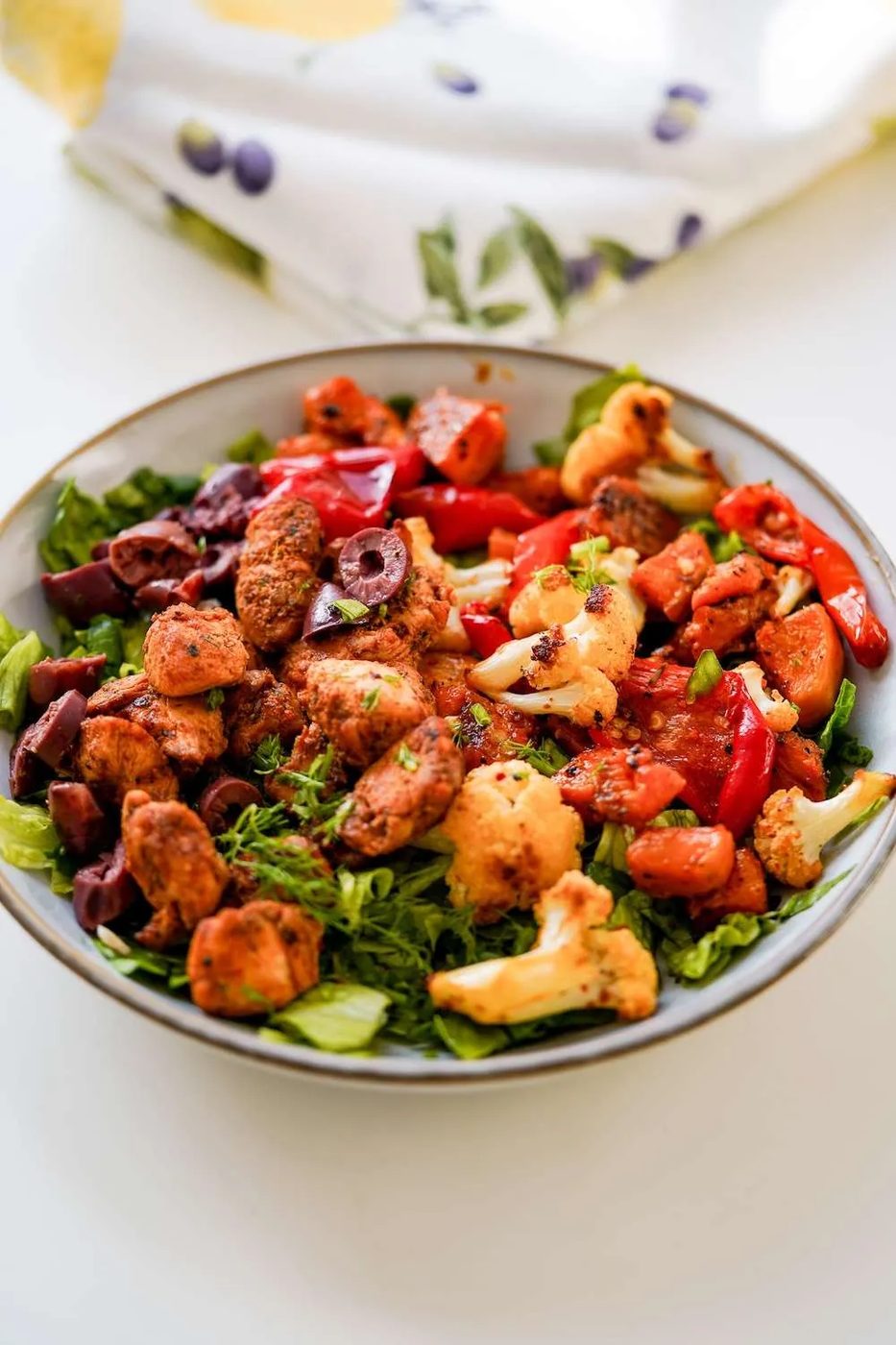 High-fiber high-protein roasted vegetable chicken bowls