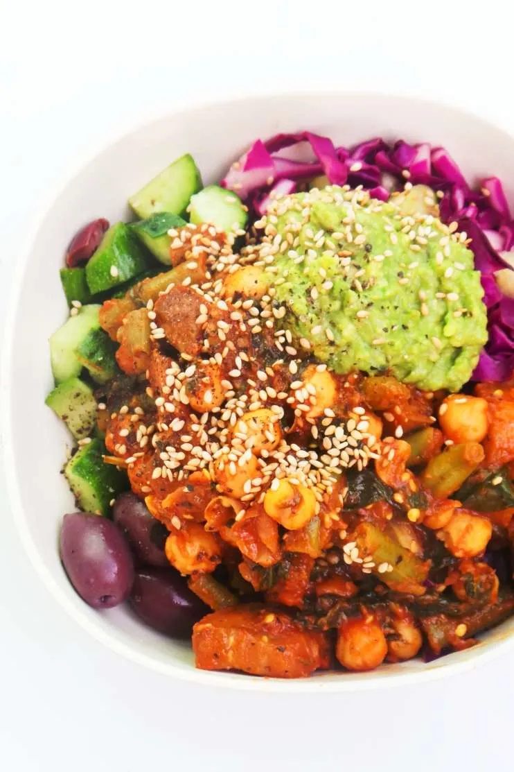 Meal prep bowl with spicy chickpeas, vegan