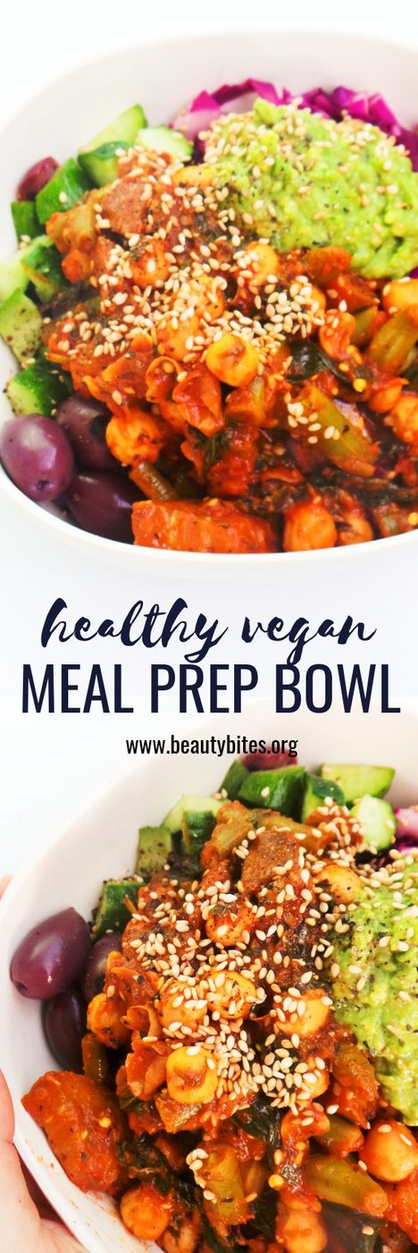 Meal prep bowl with spicy chickpeas, vegan