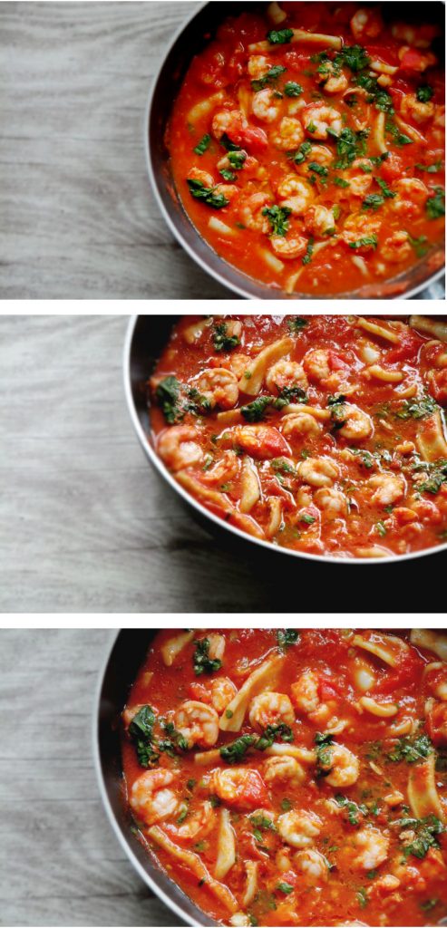 High-protein shrimp and calamari in tomato sauce