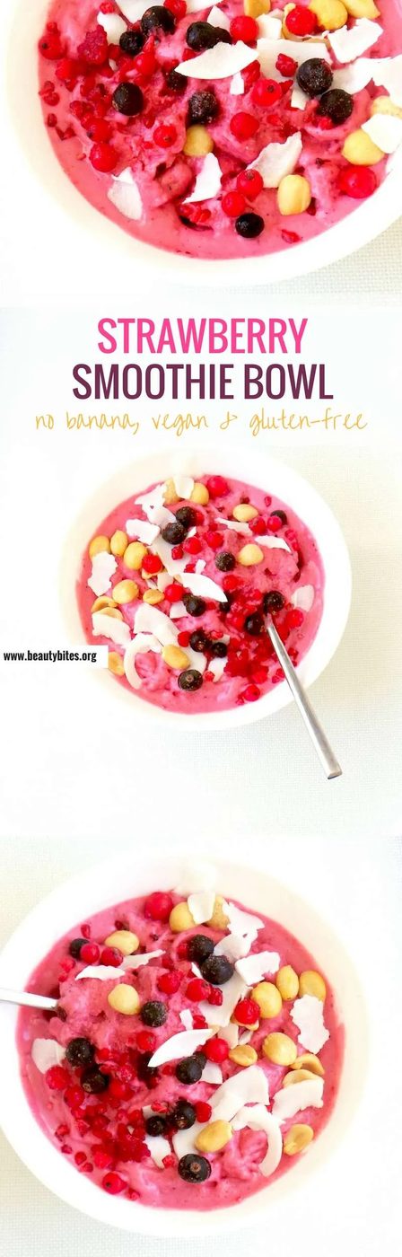 Strawberry smoothie bowl, no banana – sugar-free dessert, vegan, gluten-free