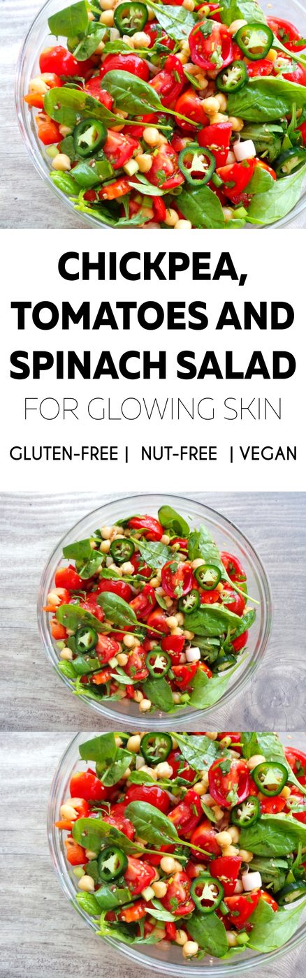 Healthy salad recipe with chickpeas, tomatoes and spinach! This chickpea salad recipe is fresh, satisfying, high-fiber and full of vitamins!