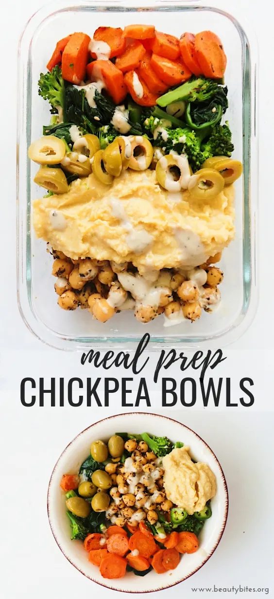 Meal prep bowls with chickpeas, vegan