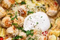 Easy Summer Skillet Orzo with Zucchini and Chicken Meatballs