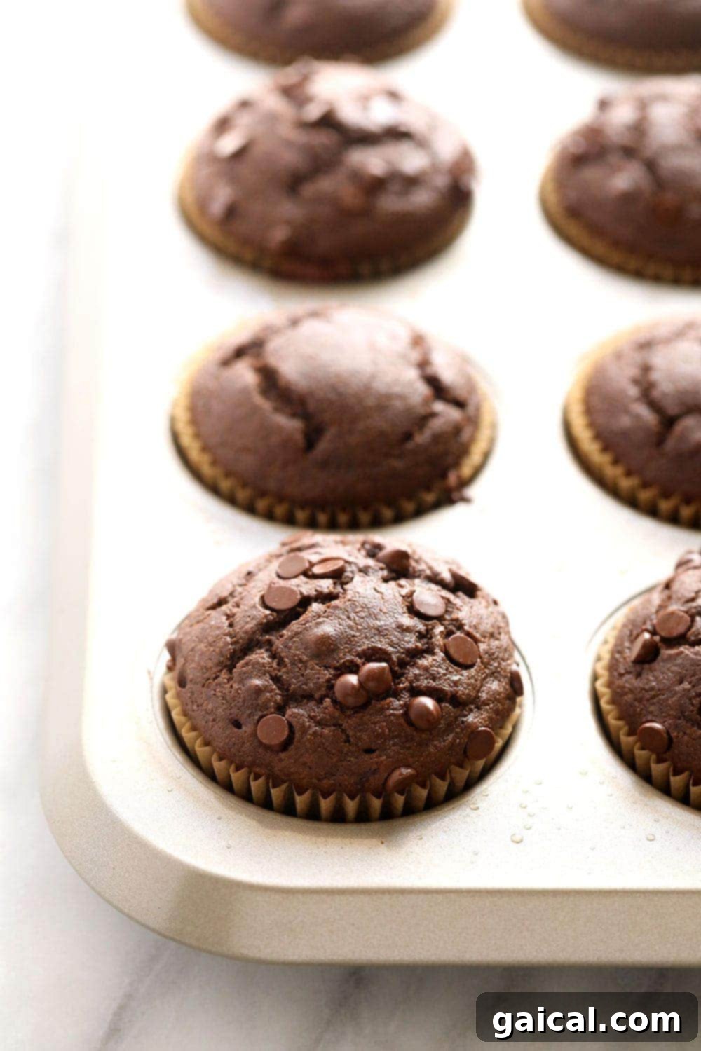 Incredibly moist healthy chocolate peanut butter muffins are made with whole wheat flour, naturally sweetened with coconut sugar and maple syrup, and flavored with all-natural peanut butter! Freshly baked healthy chocolate peanut butter muffins cooling in a non-stick muffin tin, still warm from the oven.