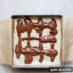 A baking pan filled with cheesecake bars, showing the initial stage of applying the chocolate chai mixture in a grid pattern.