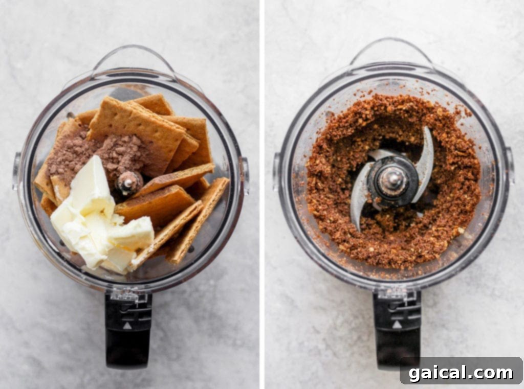 Two side-by-side photos demonstrating the process of making the chocolate graham cracker crust for cheesecake bars.