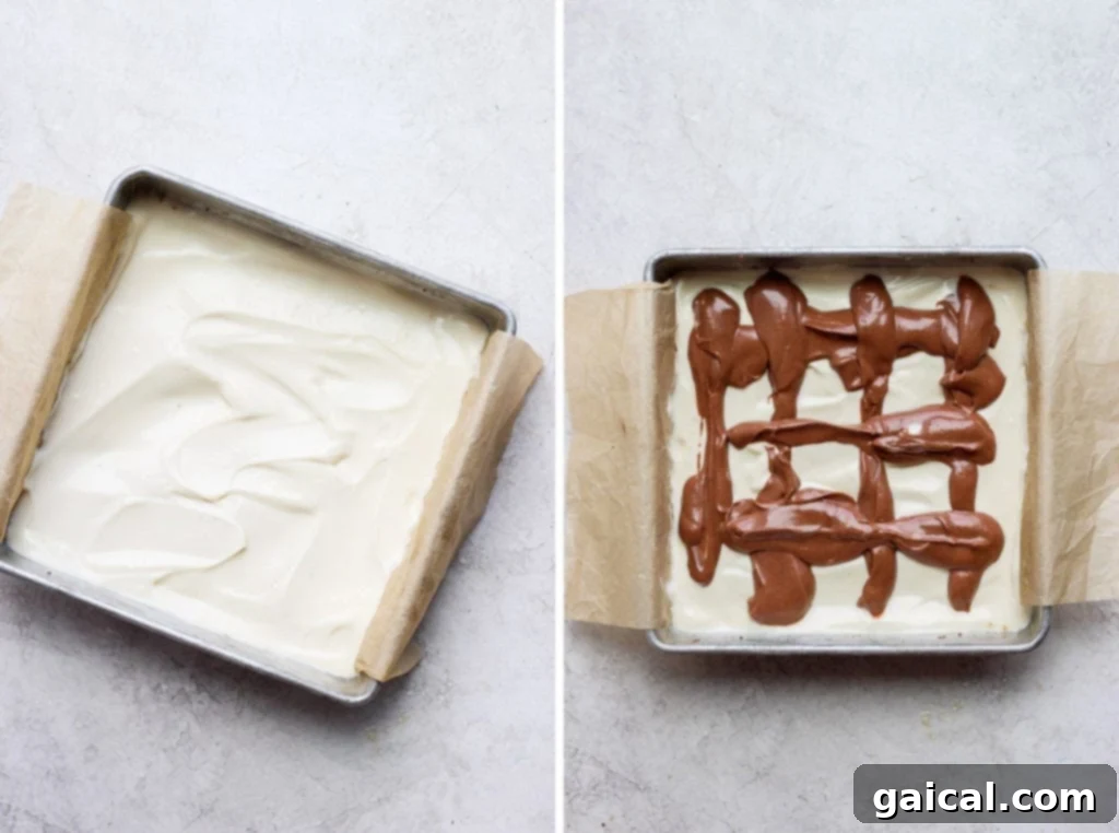 A step-by-step visual guide showing how to create the signature swirl on top of cheesecake bars before baking.