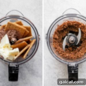 Two pictures illustrating the process of preparing cheesecake bar ingredients in a food processor, showing the transformation from whole crackers to fine crumbs.