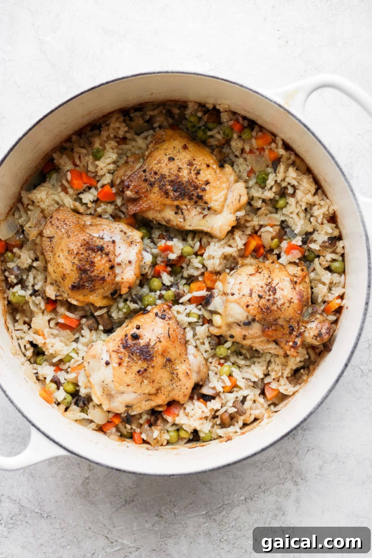 The most flavorful chicken and rice recipe on the internet. Our chicken and rice bake is made with juicy chicken thighs and a delightful rice medley so you get extra veggies! Flavorful one-pot chicken and rice in a Dutch oven, garnished with fresh herbs.