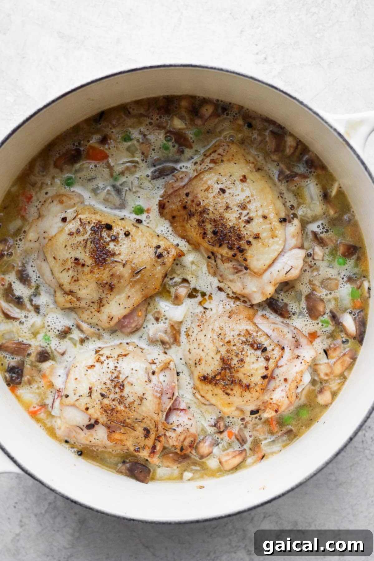 A flavorful chicken and rice recipe made with juicy chicken thighs and the most flavorful rice medley you've ever had! And, yes, it includes tons of veggies! Seared chicken thighs placed on top of uncooked rice and vegetables in a Dutch oven, ready for baking.