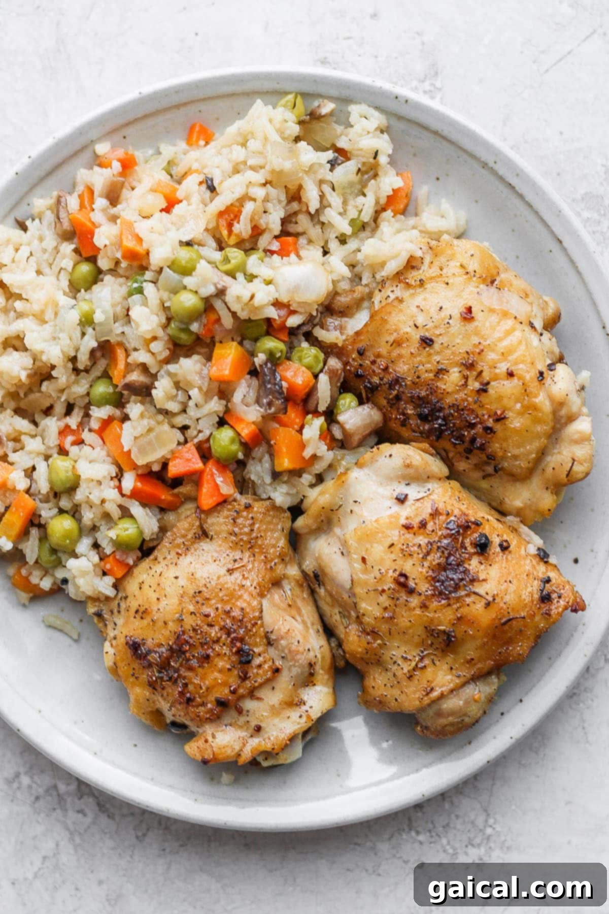 The most flavorful chicken and rice recipe on the internet. Our chicken and rice bake is made with juicy chicken thighs and a delightful rice medley so you get extra veggies! A serving of flavorful chicken and rice with seared chicken thighs on a plate, garnished with parsley.