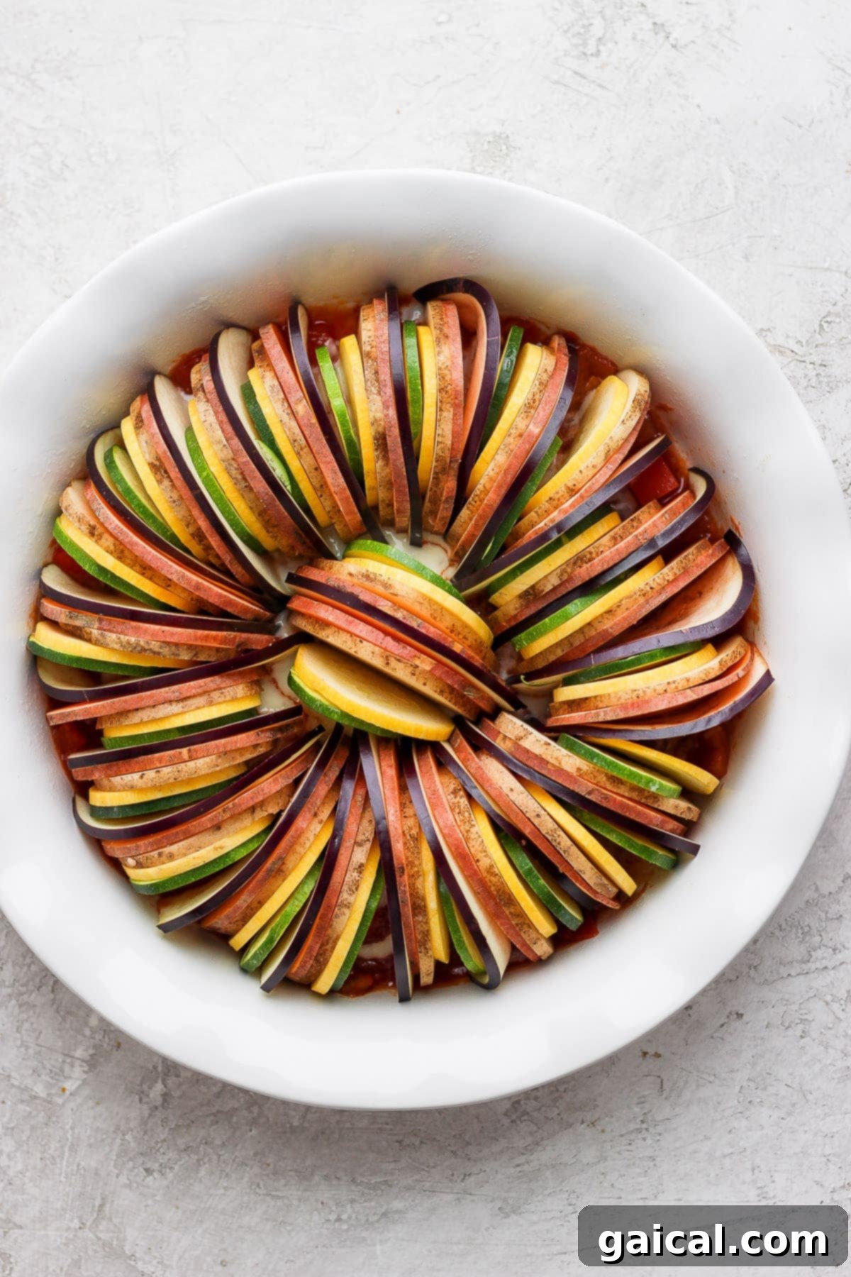 Assorted sliced vegetables (eggplant, zucchini, squash, potatoes) neatly arranged in a spiral pattern in a baking dish, ready for sauce.