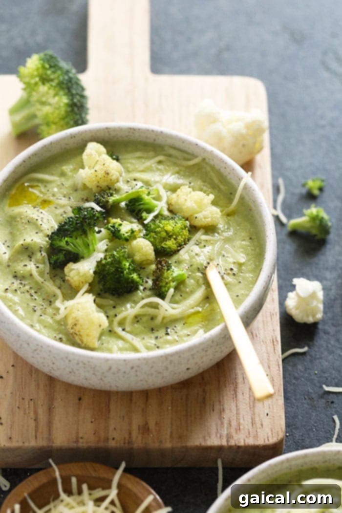 Cheesy Broccoli Cauliflower Delight 6 A close-up of the finished broccoli cauliflower cheese soup, rich and inviting.