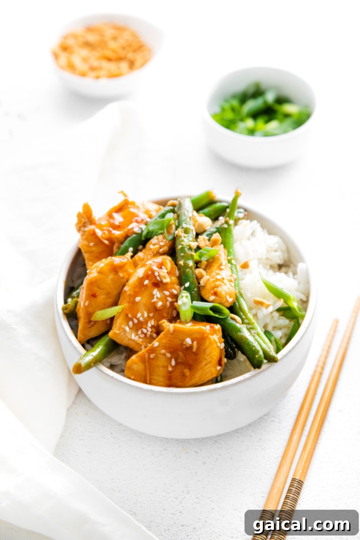 Healthy Homemade Kung Pao Chicken in a Bowl Ready to Eat Close-up of a bowl of freshly prepared Kung Pao Chicken with green beans and sesame seeds, garnished with peanuts