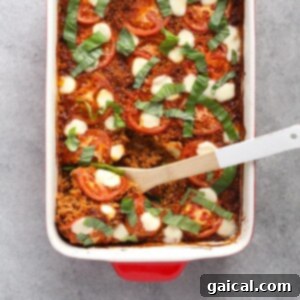 A red baking dish with a tomato and cheese chicken quinoa bake, freshly removed from the oven and ready to be served.