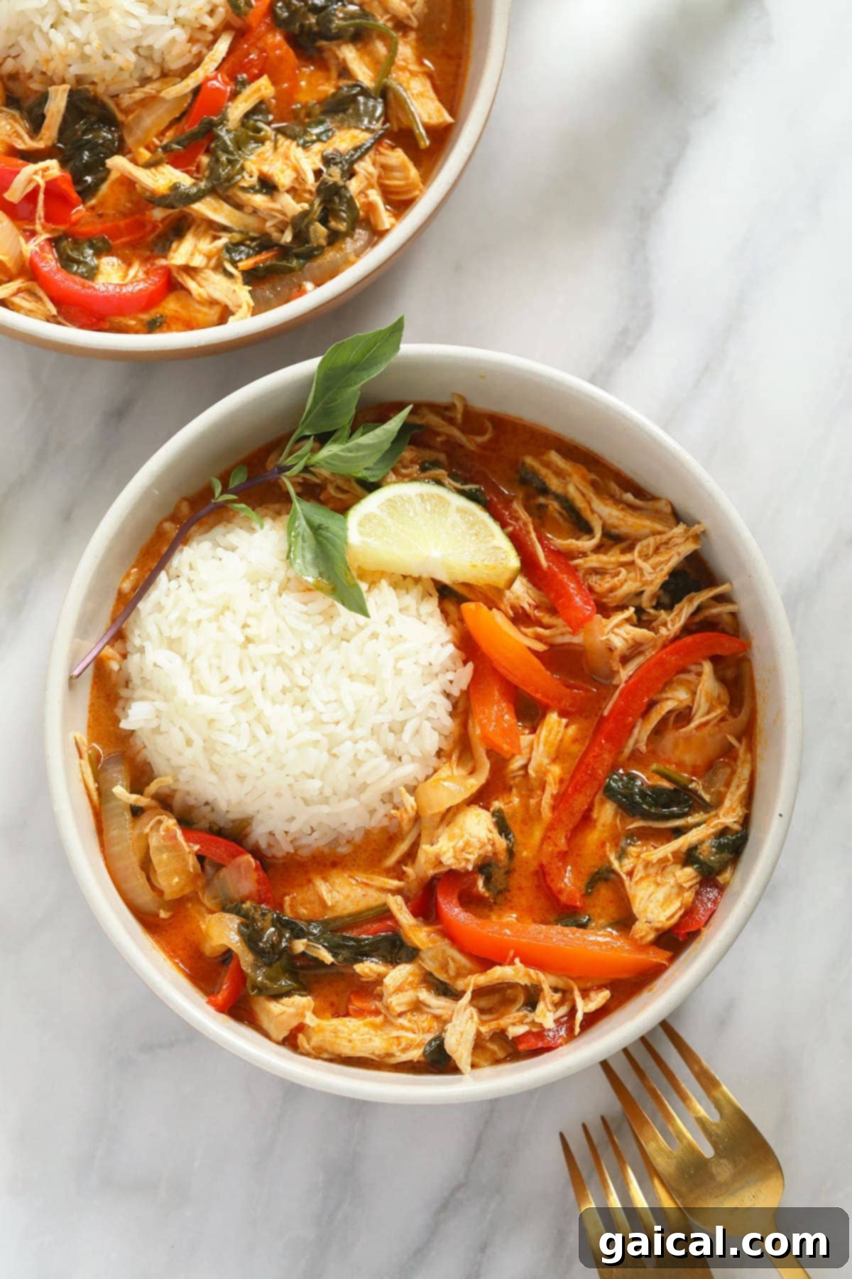Instant Pot Thai Coconut Curry Chicken with Rice bowl of Thai red coconut curry chicken with white rice