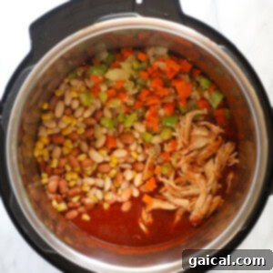 A buffalo chicken chili simmering in the Instant Pot, showing the blend of shredded chicken, beans, corn, and vegetables.
