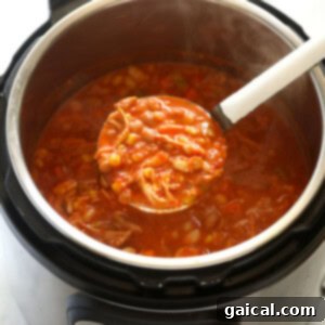 A spoonful of buffalo chicken chili being stirred in the Instant Pot, with its rich texture and color evident.