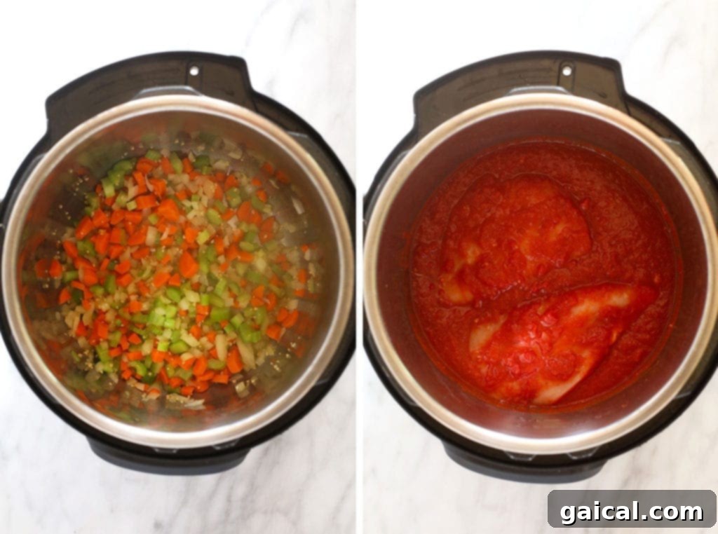 Zesty Instant Pot Buffalo Chicken Chili 4 Ingredients for buffalo chicken chili are being added to an Instant Pot, showing the early stages of cooking.