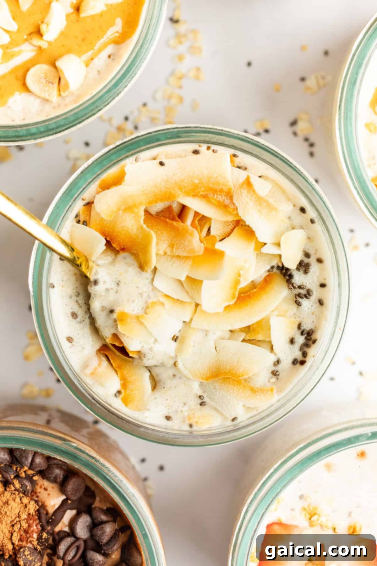 Coconut Latte Overnight Oasis 4 A beautifully composed shot of the Coconut Latte Overnight Oats, emphasizing its creamy texture and inviting appearance.