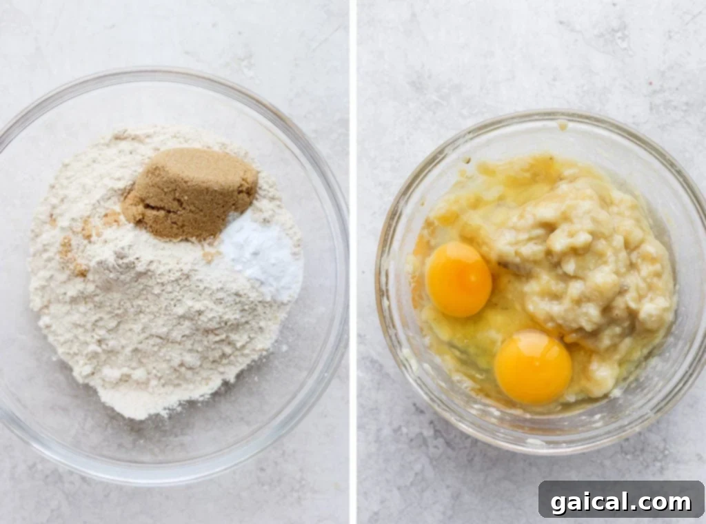 Delicious, airy, moist healthy banana bread coming right up! Our signature healthy banana bread recipe is made with white whole wheat flour, ripe bananas, all-natural sweeteners, and coconut oil. Two bowls, one containing dry ingredients and the other wet ingredients for banana bread.