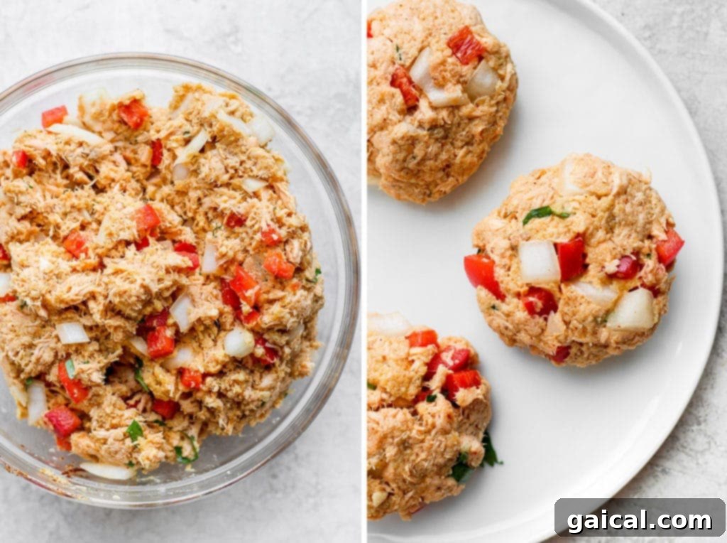 An easy salmon cakes recipe to use up that leftover salmon you have on hand! salmon patties mixture in a bowl and then made into patties on a plate