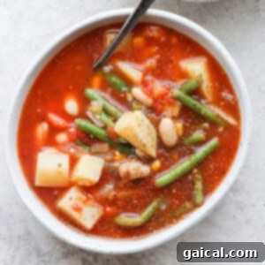 A beautifully garnished bowl of hearty vegetable soup, ready to be enjoyed.