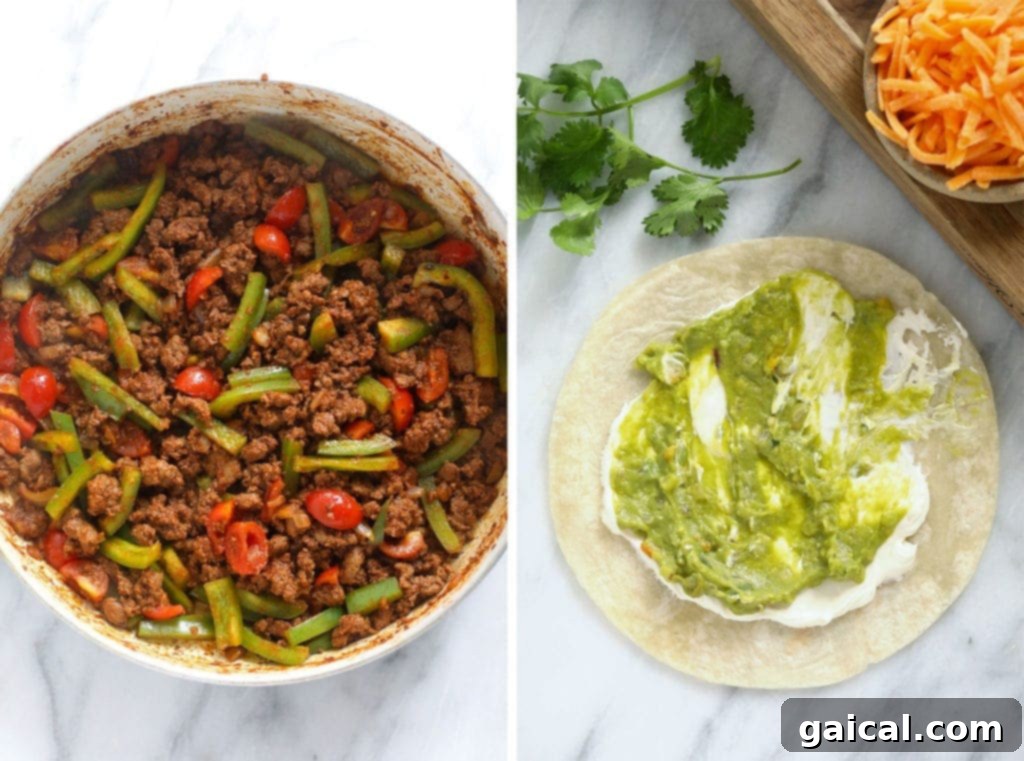 Golden-Grilled Chicken Queso 4 An open flour tortilla carefully spread with cream cheese and guacamole, then topped with the seasoned ground chicken mixture and shredded cheddar cheese, ready to be folded.