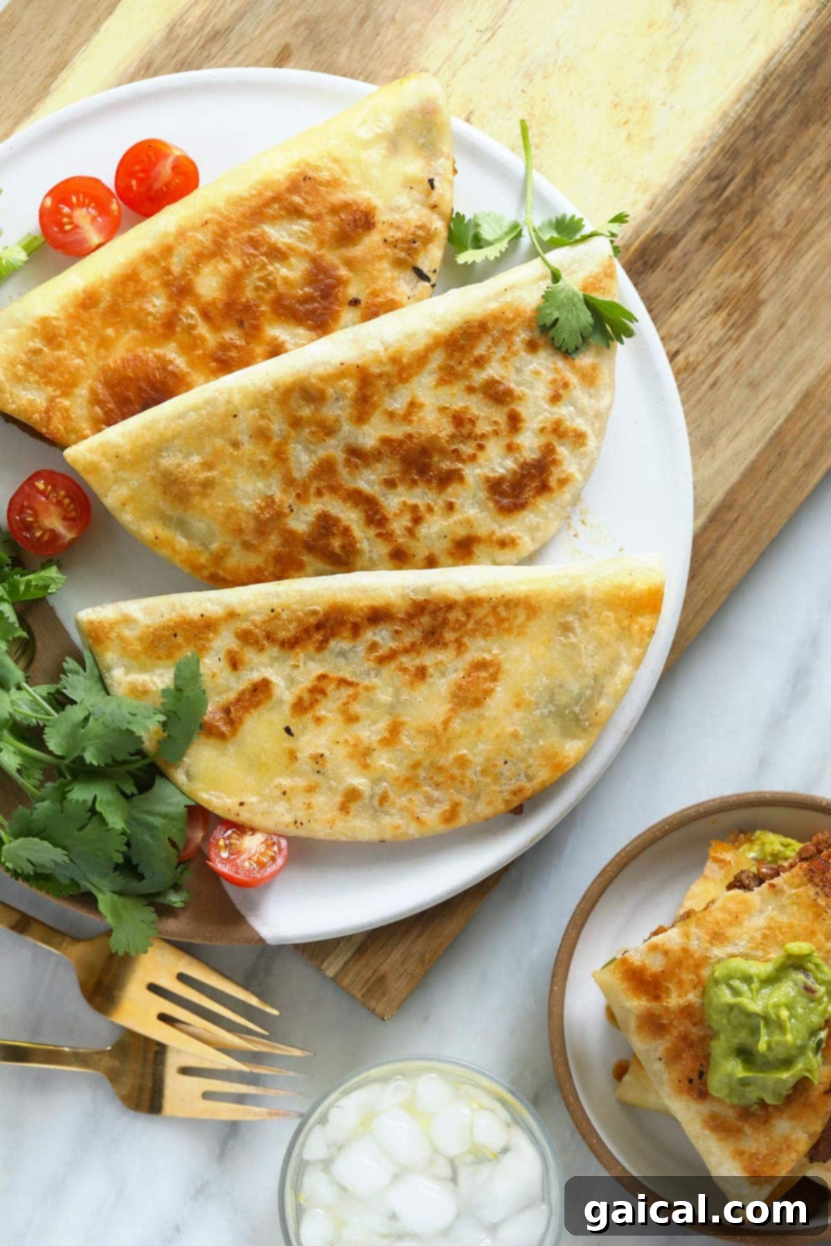 Golden-Grilled Chicken Queso 6 Platter of perfectly sliced chicken quesadillas garnished with cilantro, ready for sharing and serving.