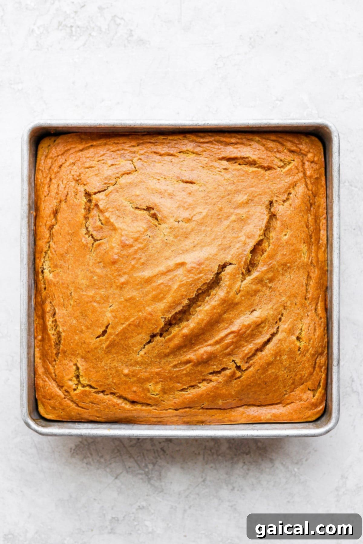 Sheet Pan Pumpkin Perfection 5 A freshly baked pumpkin sheet cake, golden brown and slightly risen, just pulled from the oven in its square pan.
