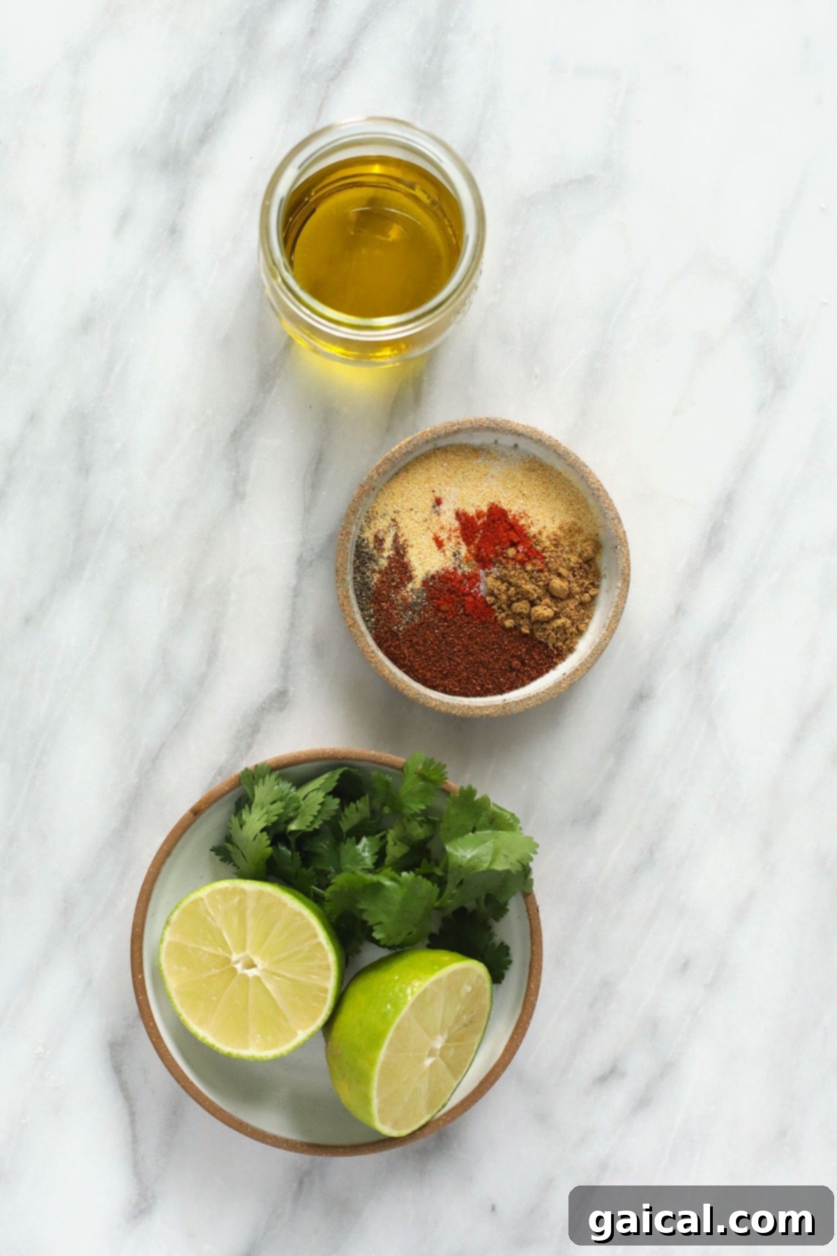 Zesty Citrus Fajita Chicken Marinade 4 Chicken marinade ingredients laid out in small containers, highlighting freshness.